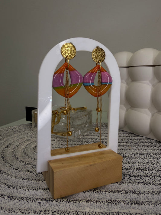 Boucles d’oreilles colorées & doré (forme organique avec chaînes)