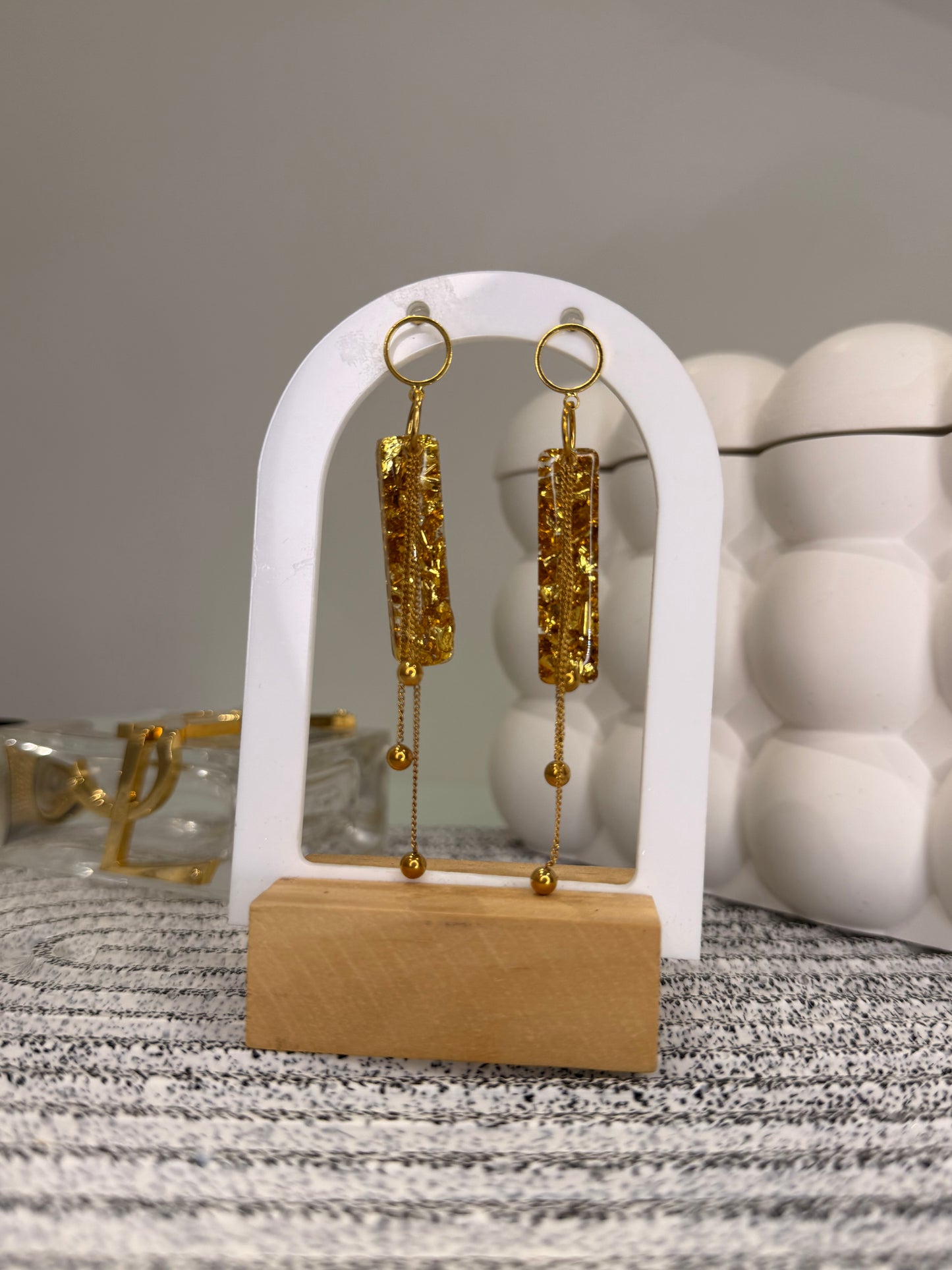 Boucles d’oreilles transparentes & doré (avec chaînes)